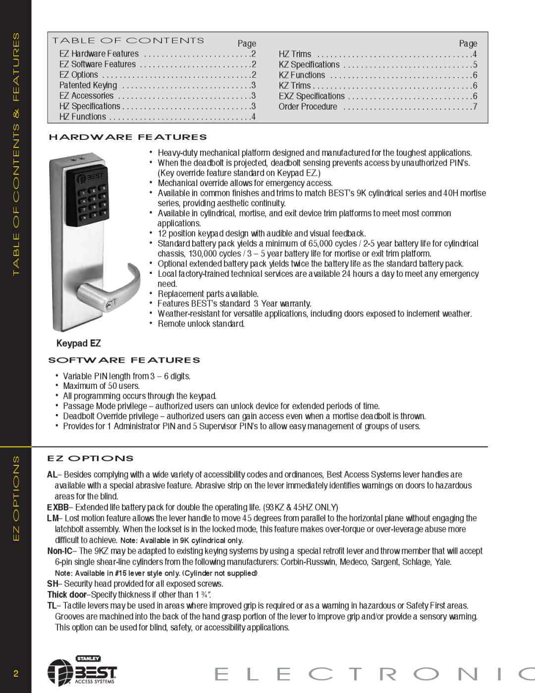 Stanley Black & Decker KEYPAD EZ LOCKS manual E C T R O N I C, Table of Contents & Features EZ Options 