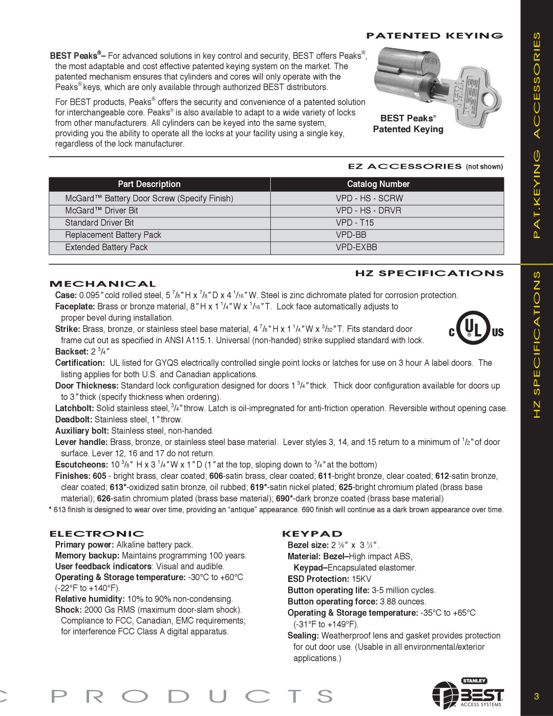 Stanley Black & Decker KEYPAD EZ LOCKS manual R O D U C T S, HZ Specifications PAT.KEYING Accessories, Backset 2 3/4 