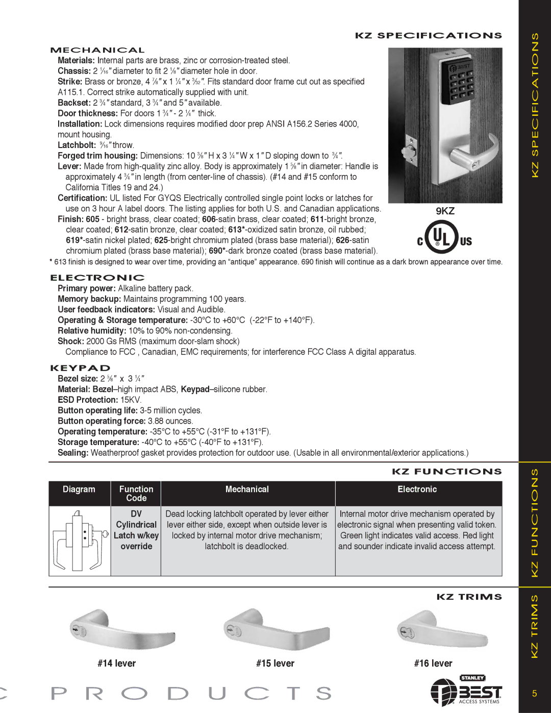 Stanley Black & Decker KEYPAD EZ LOCKS manual KZ Specifications KZ Trims KZ Functions, #14 lever #15 lever, Override 