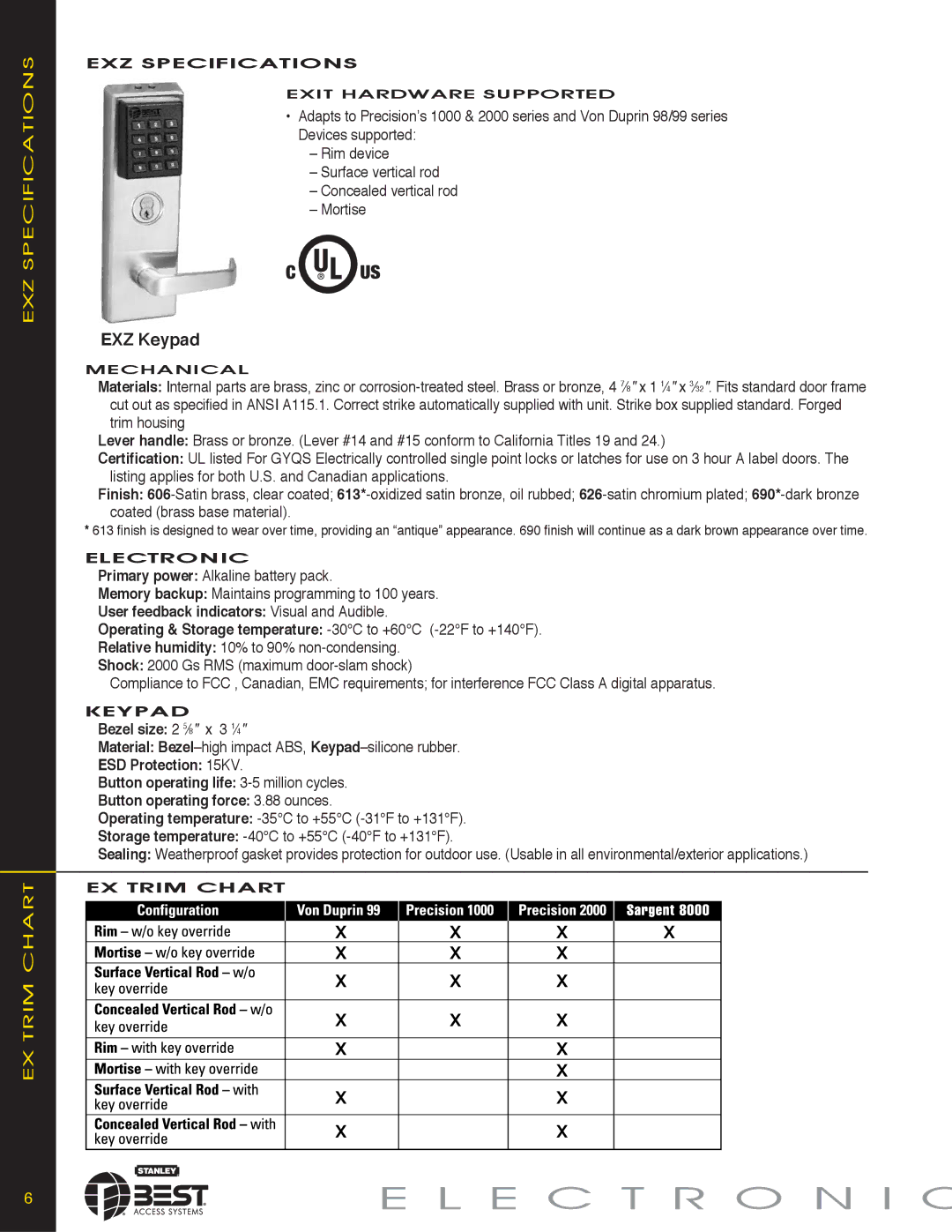 Stanley Black & Decker KEYPAD EZ LOCKS manual EXZ Specifications EX Trim Chart, EXZ Keypad 