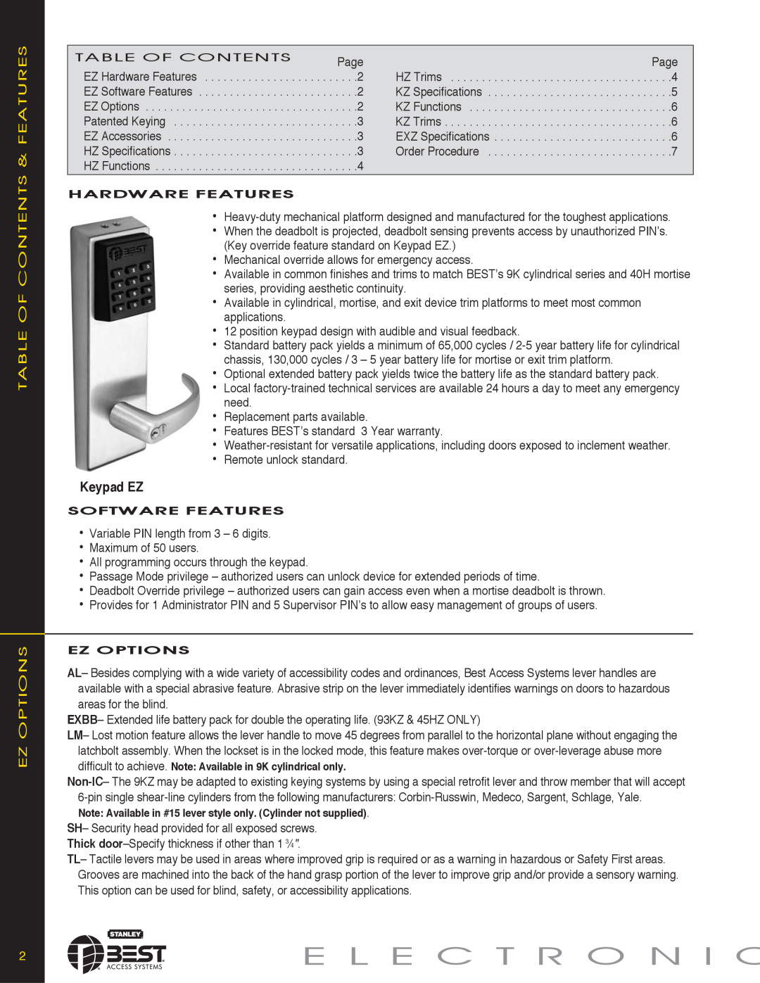 Stanley Black & Decker KEYPAD EZ LOCKS manual E L E C T R O N I C, Table Of Contents & Features Ez Options, Keypad EZ 