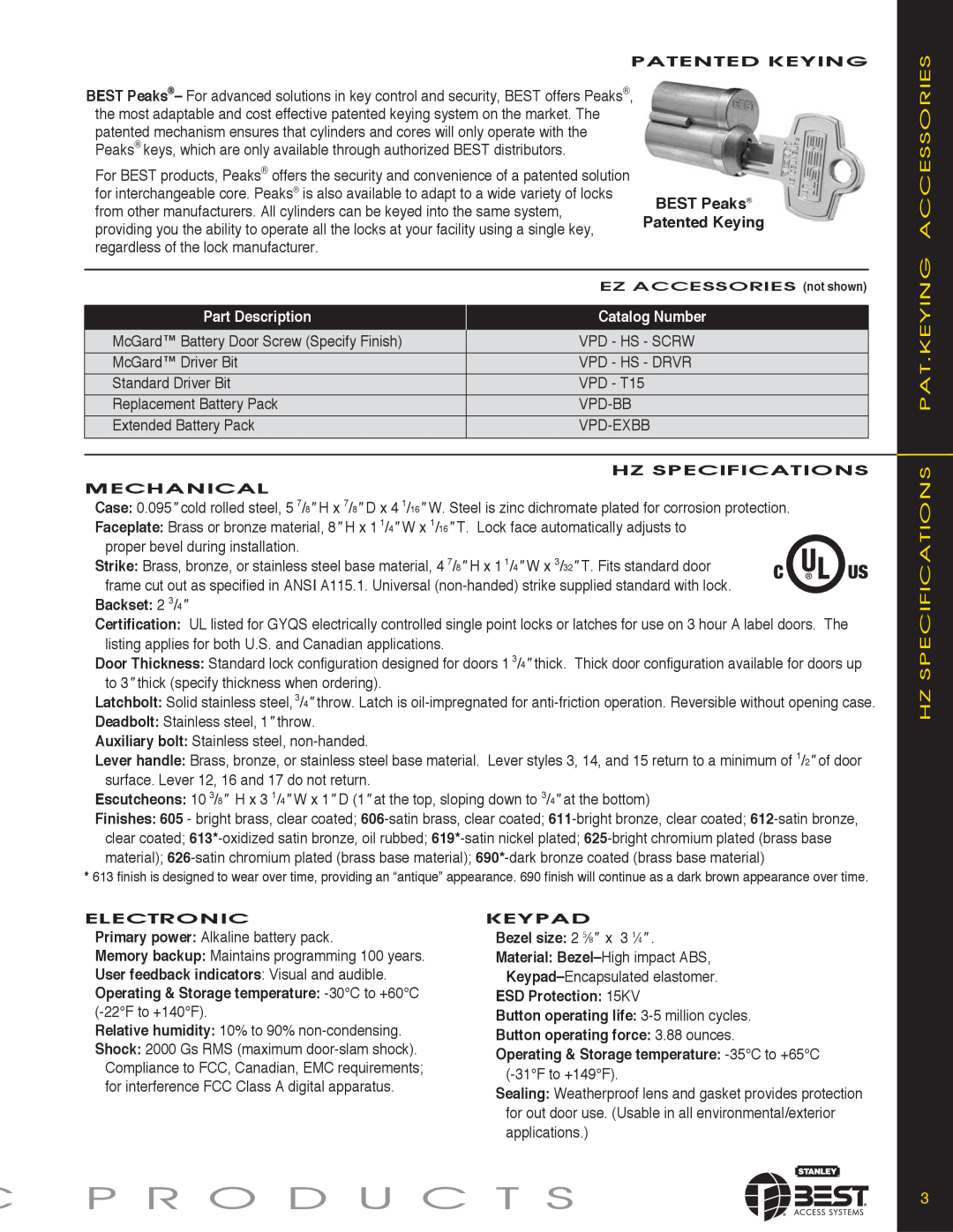 Stanley Black & Decker KEYPAD EZ LOCKS manual C P R O D U C T S, Hz Specifications Pat.Keying Accessories, Part Description 