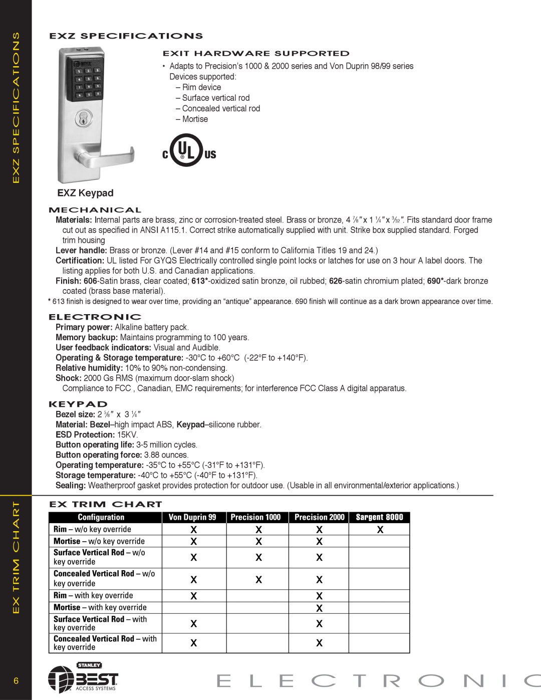 Stanley Black & Decker KEYPAD EZ LOCKS manual Exz Specifications Ex Trim Chart, EXZ Keypad, E L E C T R O N I C 