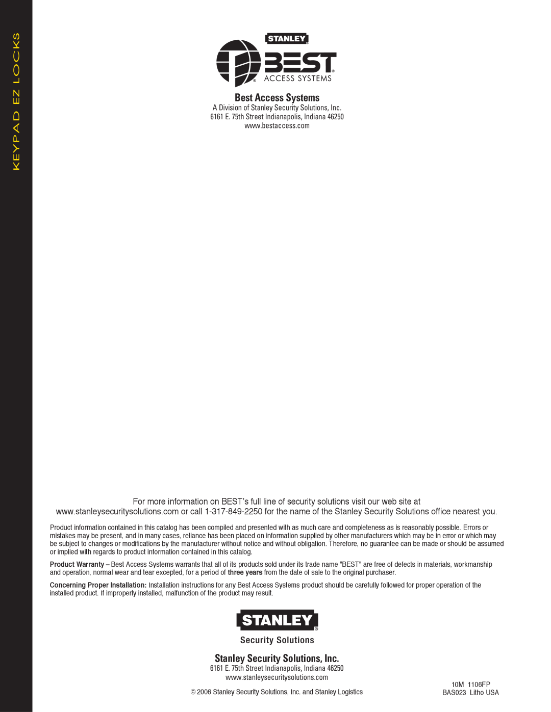 Stanley Black & Decker KEYPAD EZ LOCKS manual Keypad Ez Locks, Best Access Systems, Stanley Security Solutions, Inc 