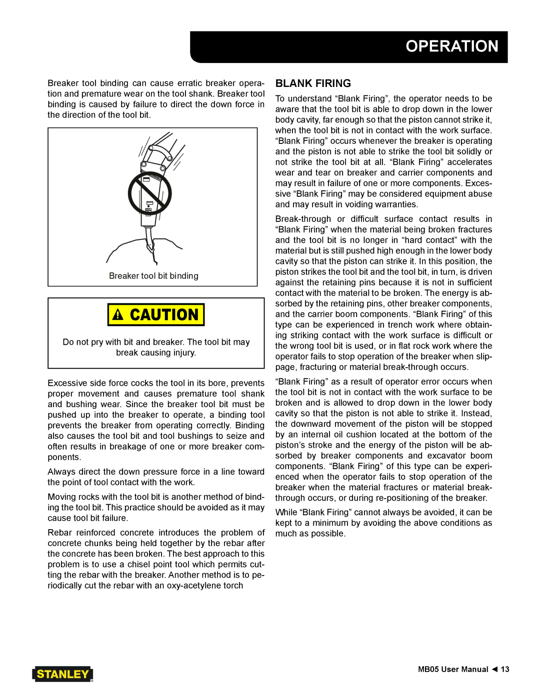Stanley Black & Decker MB05 user manual Blank Firing, Breaker tool bit binding 