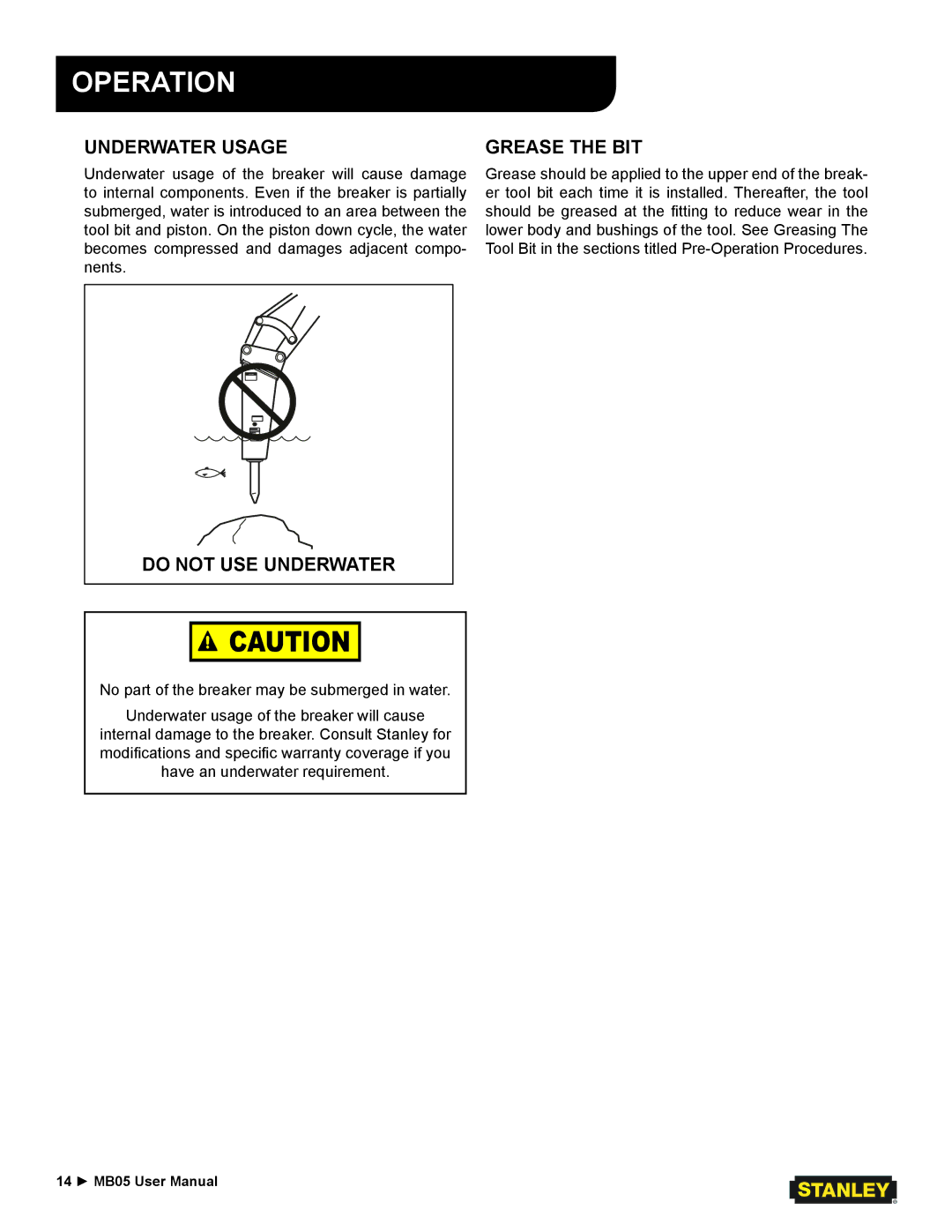 Stanley Black & Decker MB05 user manual Underwater Usage, Grease the BIT 