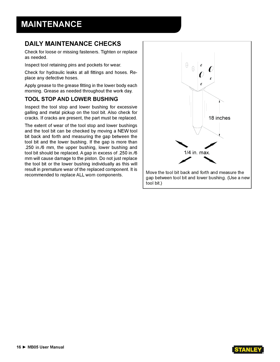 Stanley Black & Decker MB05 user manual Daily Maintenance Checks, Tool Stop and Lower Bushing 