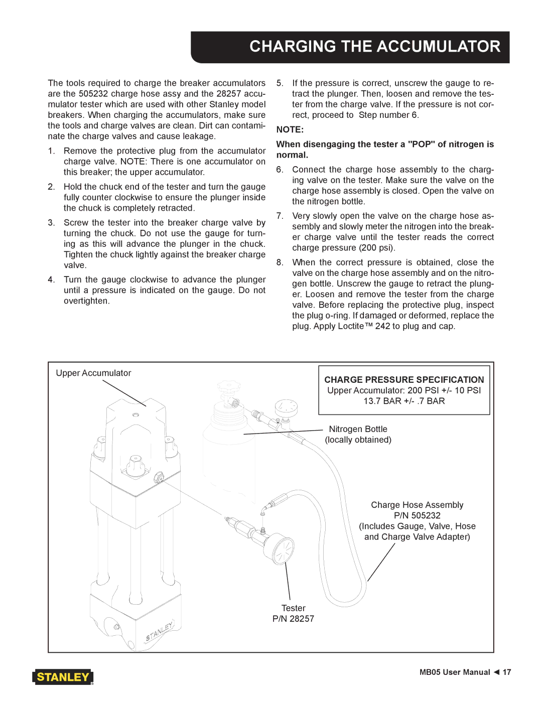 Stanley Black & Decker MB05 user manual Charging the Accumulator, When disengaging the tester a POP of nitrogen is normal 