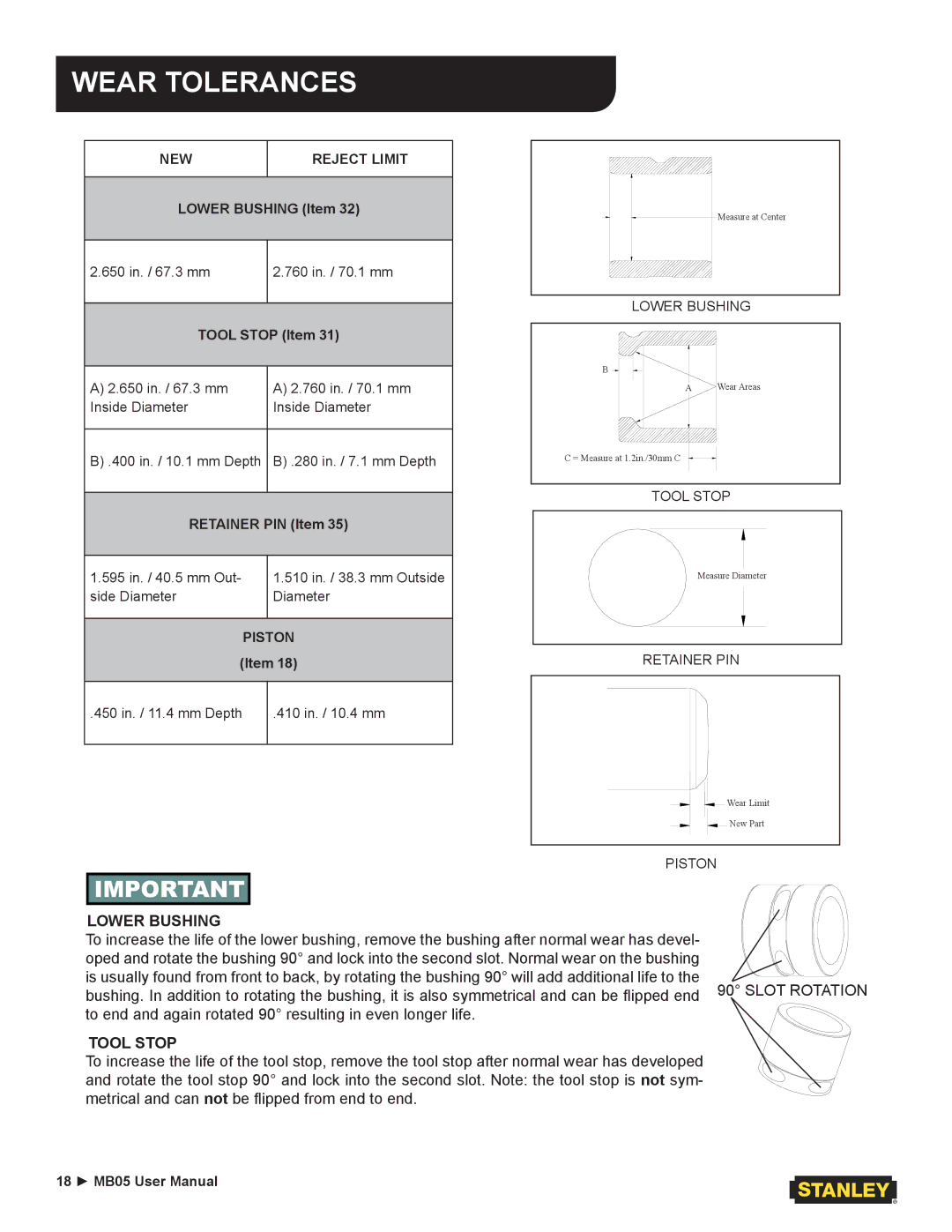 Stanley Black & Decker MB05 user manual Wear Tolerances, NEW Reject Limit 