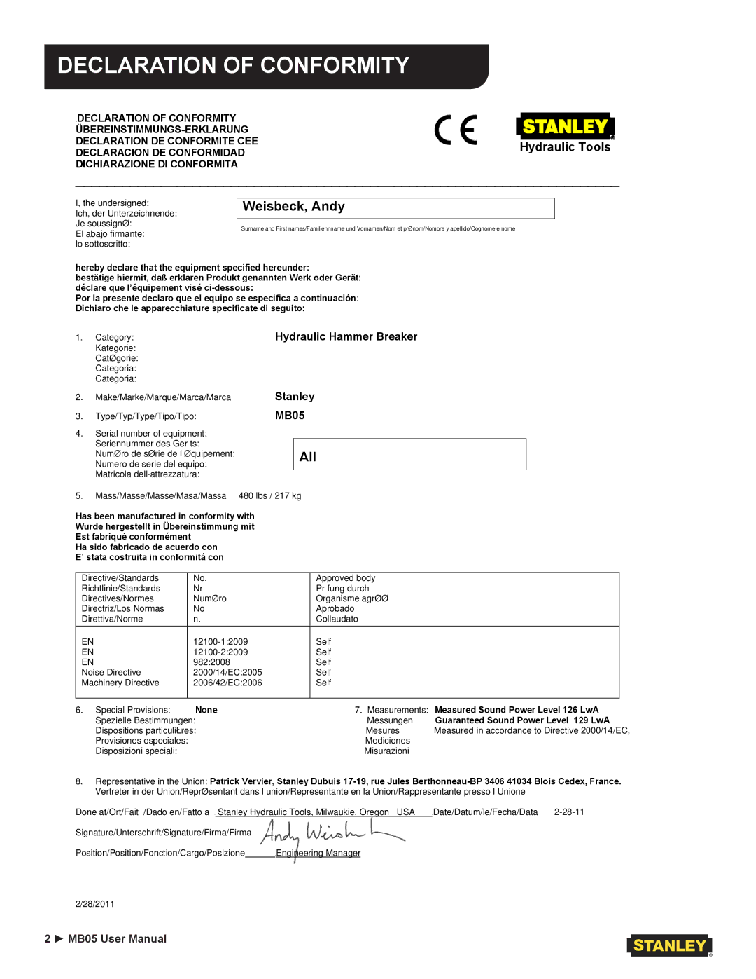 Stanley Black & Decker MB05 user manual Declaration of Conformity, Weisbeck, Andy 