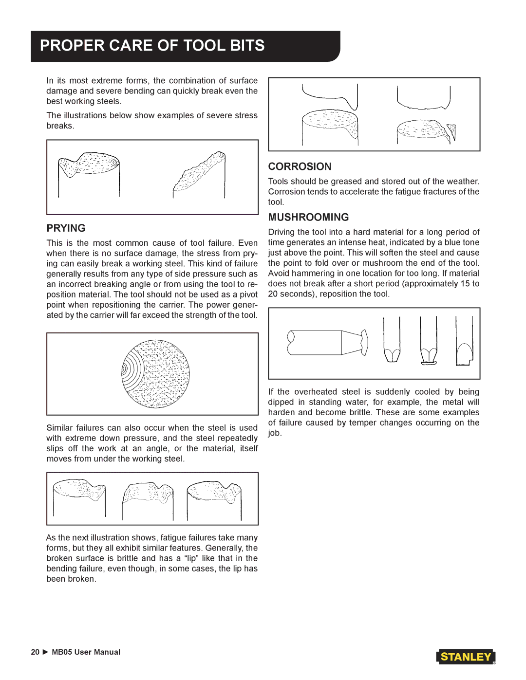 Stanley Black & Decker MB05 user manual Corrosion, Mushrooming, Prying 