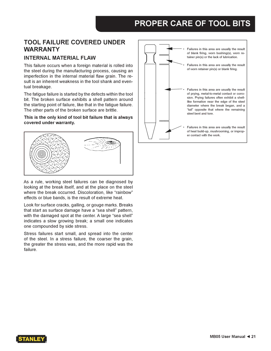 Stanley Black & Decker MB05 user manual Tool Failure Covered Under Warranty, Internal Material Flaw 