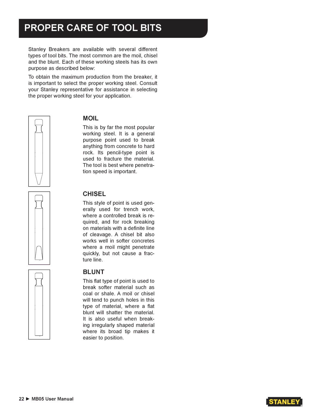 Stanley Black & Decker MB05 user manual Moil, Chisel, Blunt 