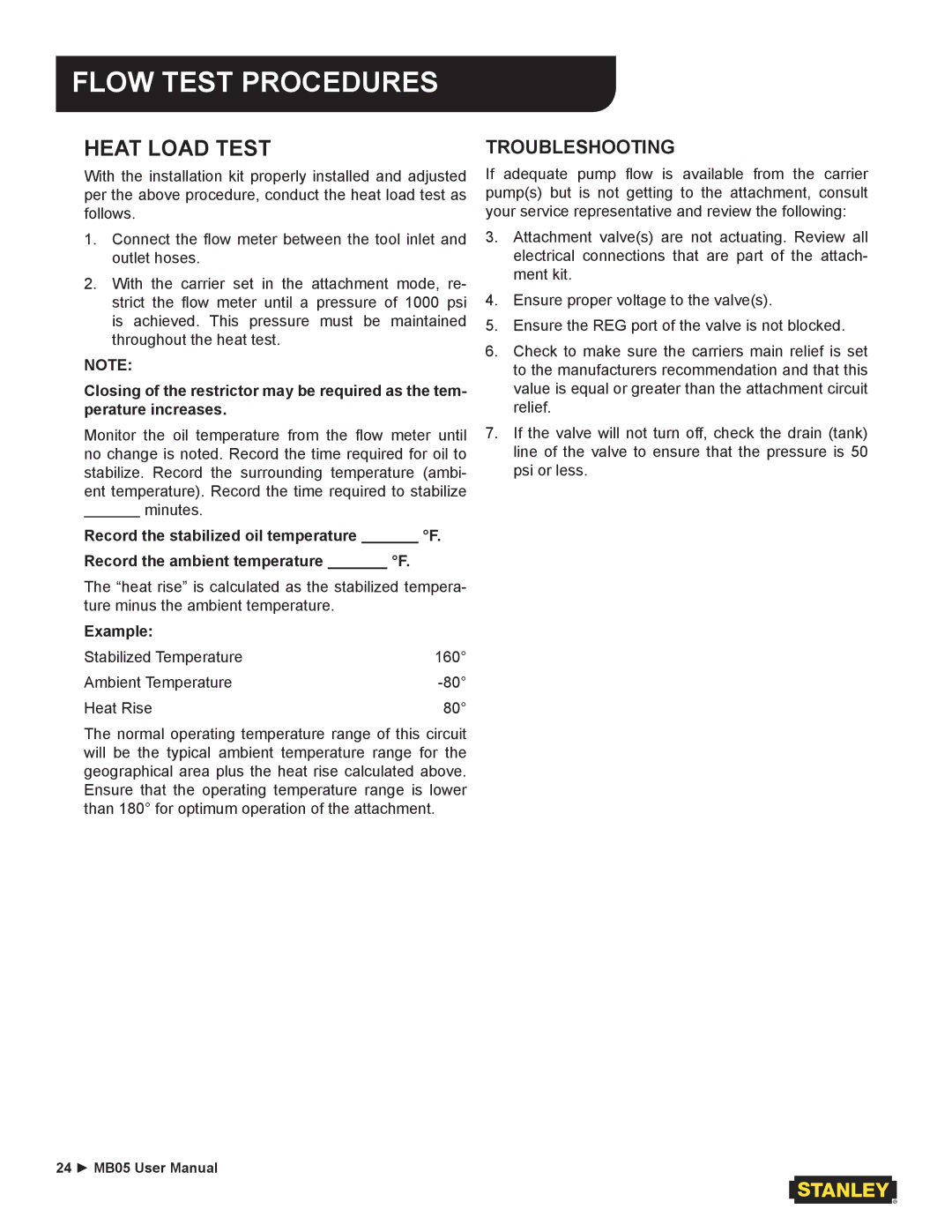 Stanley Black & Decker MB05 user manual Heat Load Test, Troubleshooting 