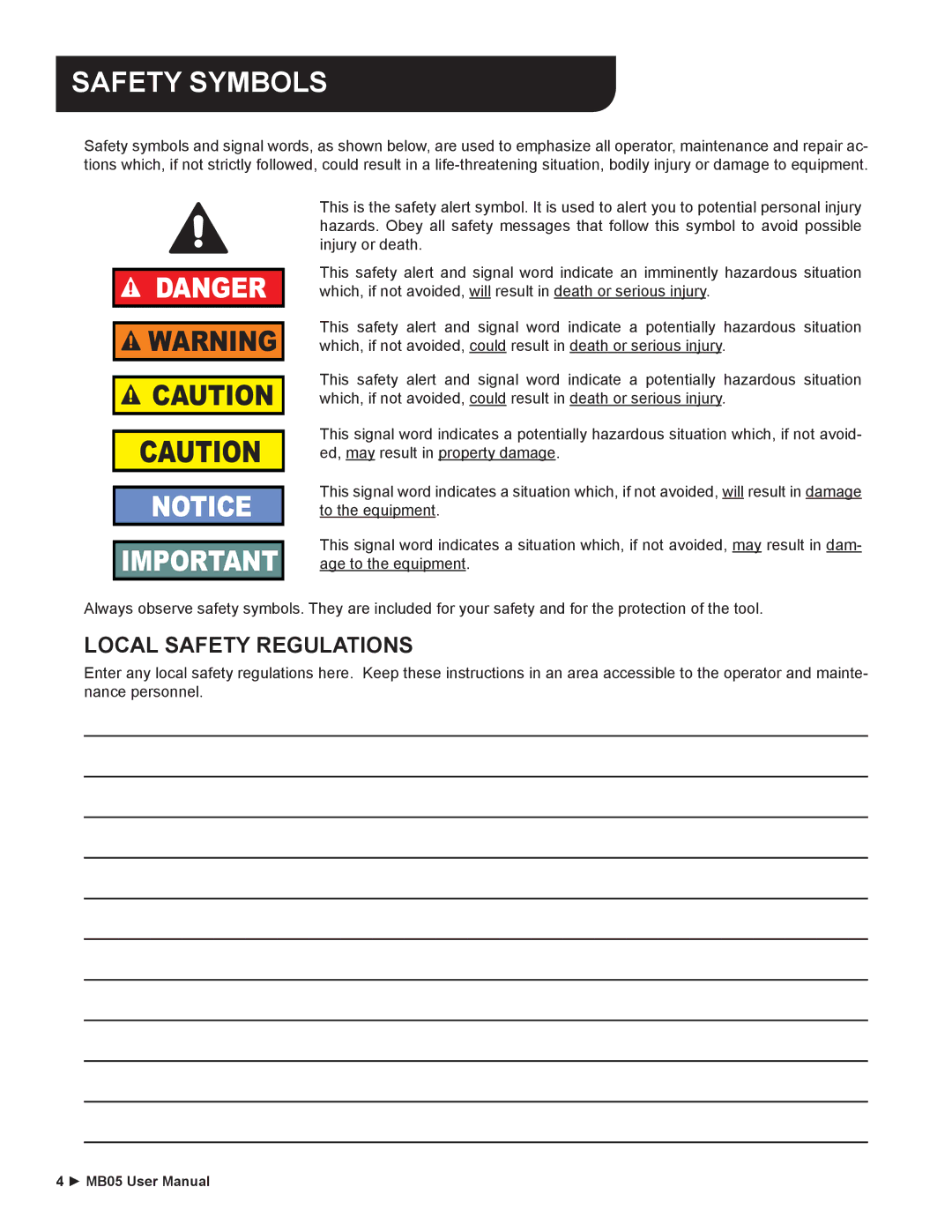 Stanley Black & Decker MB05 user manual Safety Symbols, Local Safety Regulations 