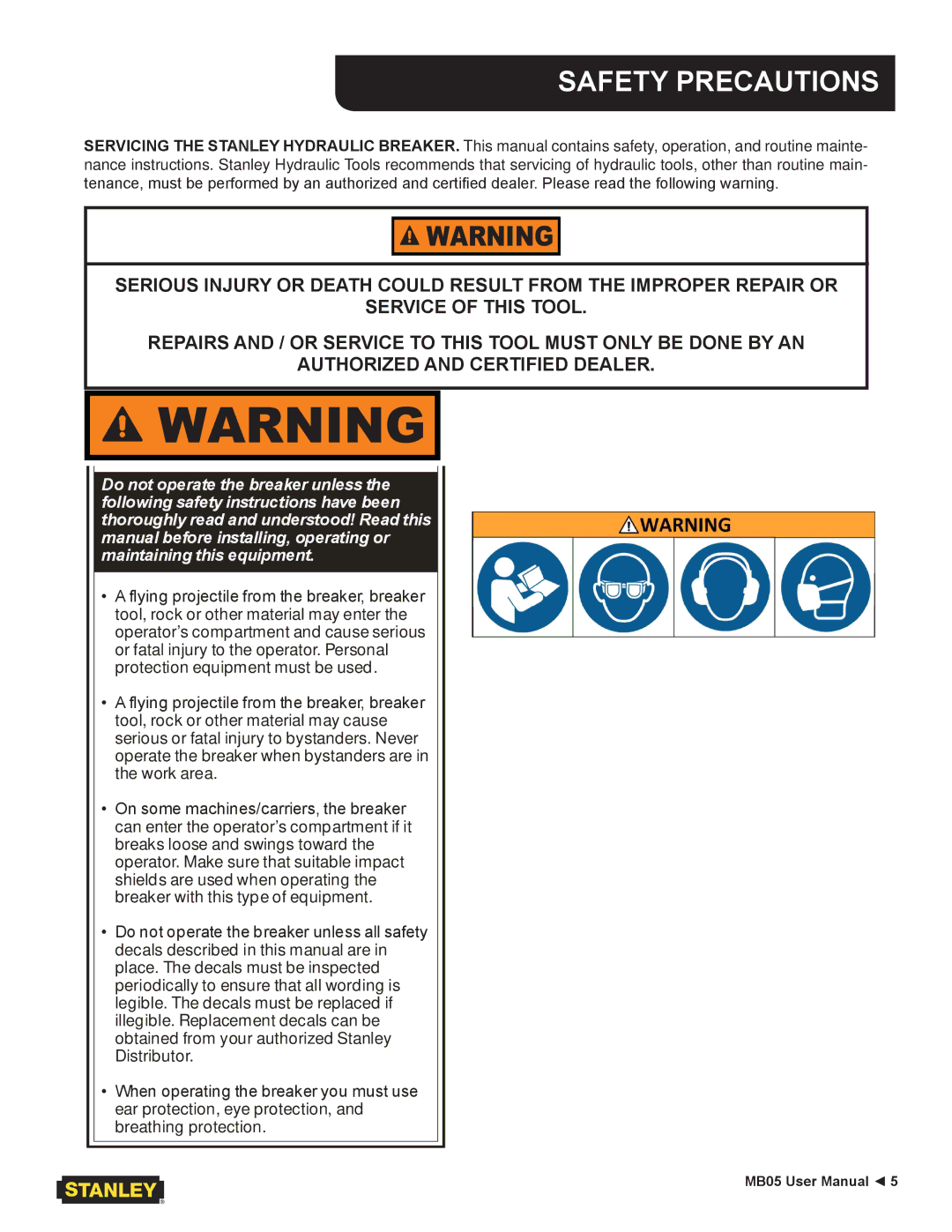 Stanley Black & Decker MB05 user manual Safety Precautions 