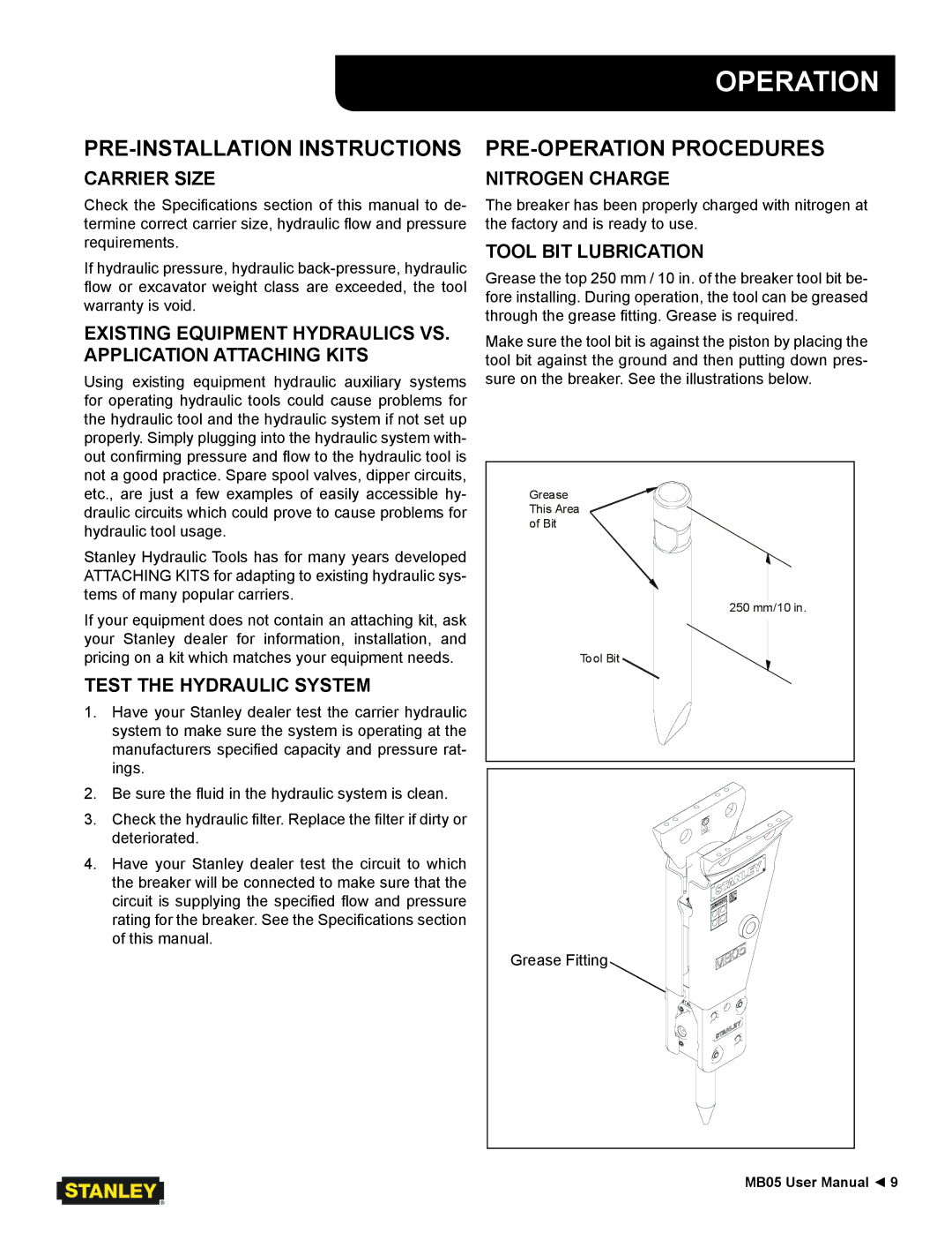 Stanley Black & Decker MB05 user manual Operation, PRE-INSTALLATION Instructions, PRE-OPERATION Procedures 