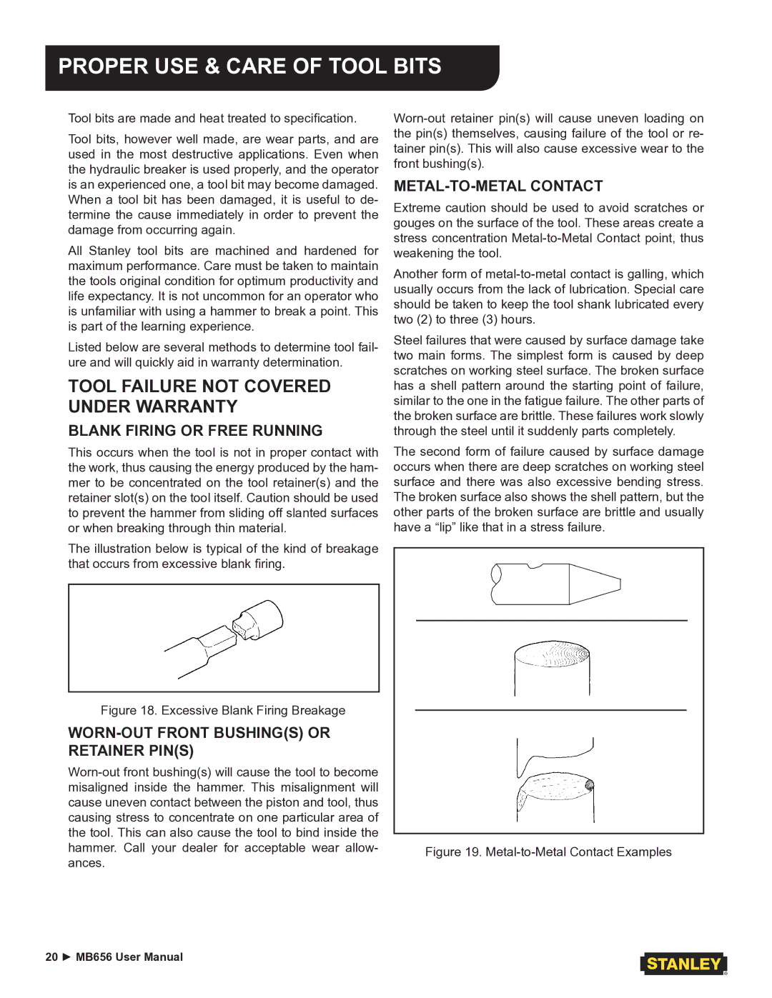 Stanley Black & Decker MB656 user manual Proper USE & Care of Tool Bits, Tool Failure not Covered Under Warranty 