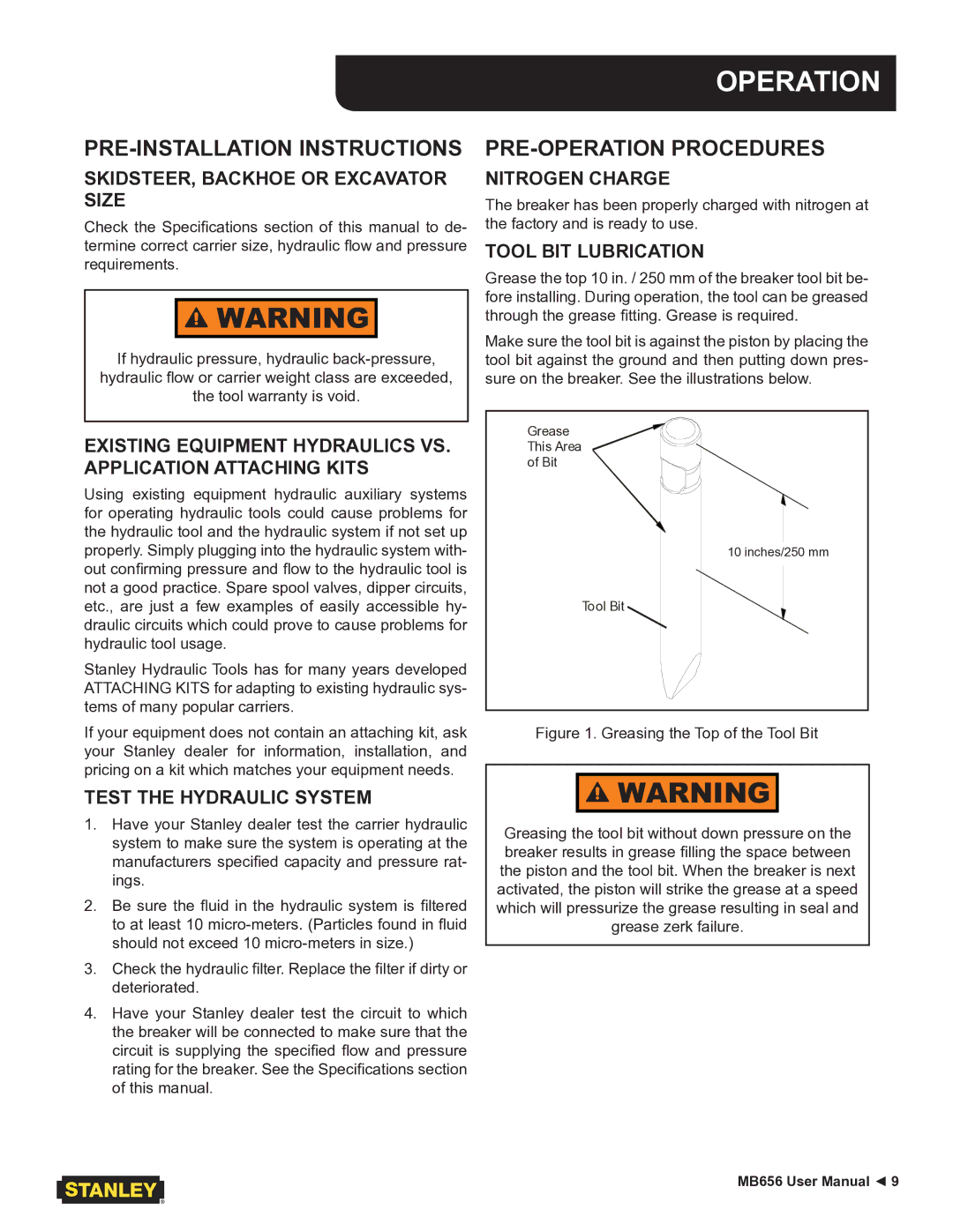 Stanley Black & Decker MB656 user manual Operation, PRE-INSTALLATION Instructions, PRE-OPERATION Procedures 