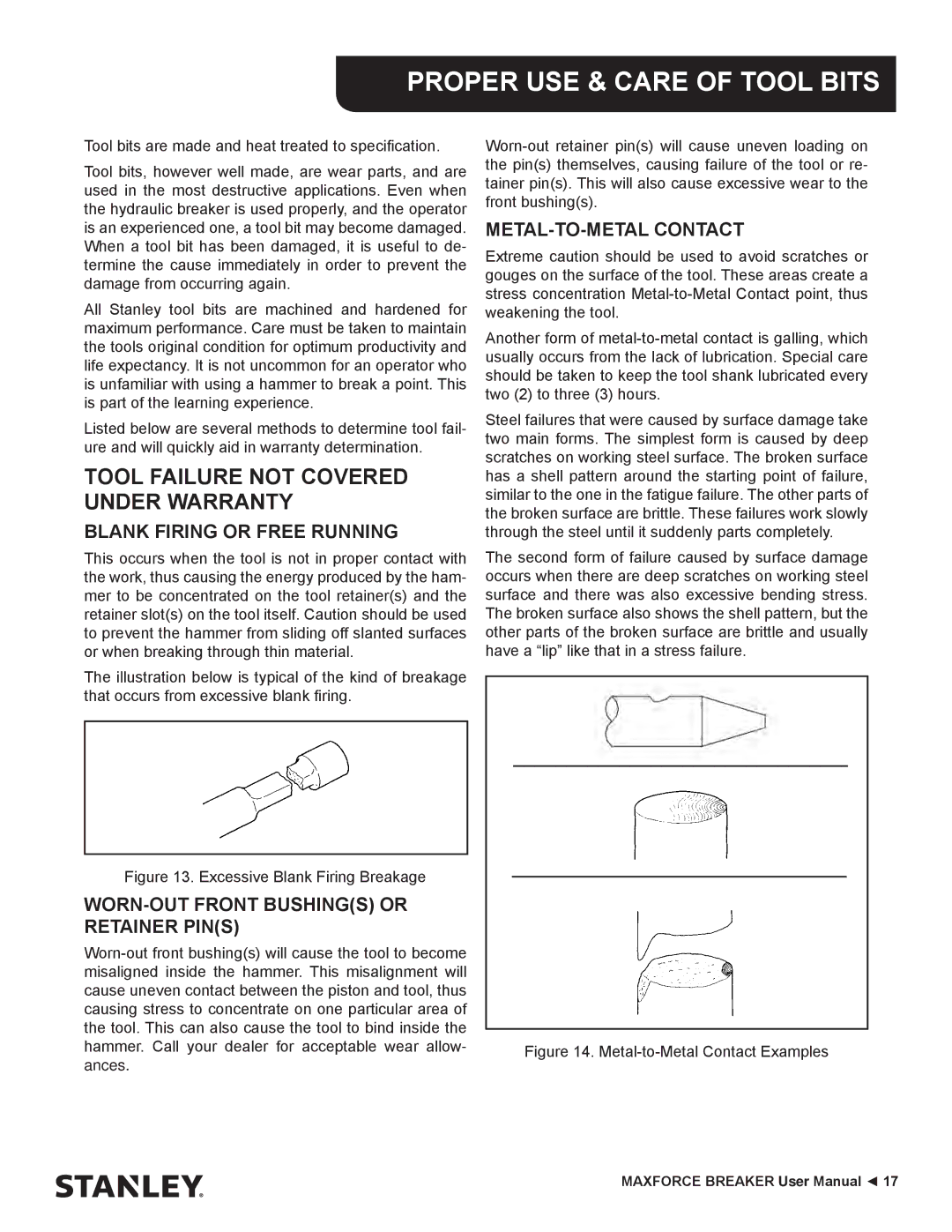 Stanley Black & Decker MBX138 thru MBX608 user manual Tool Failure not Covered Under Warranty, Blank Firing or Free Running 