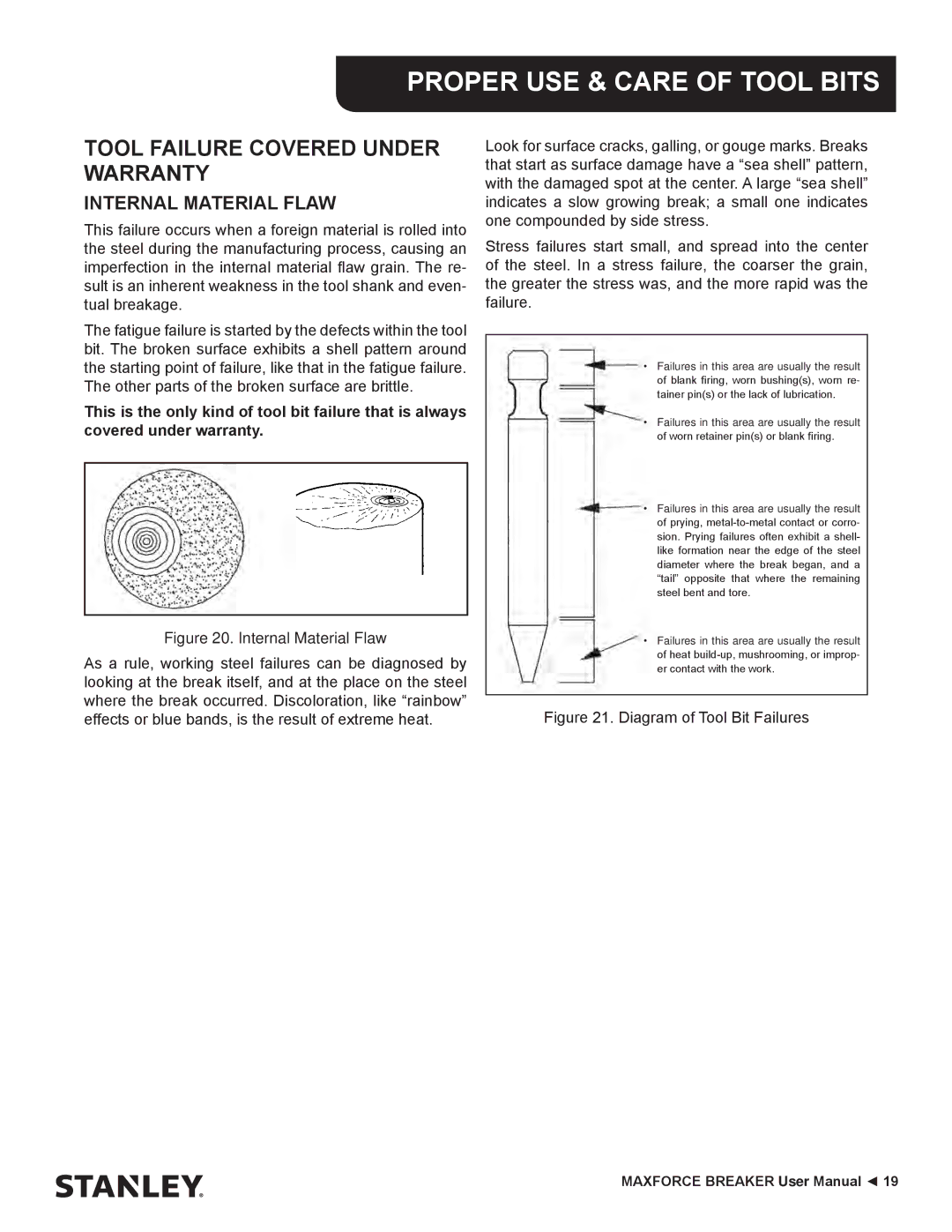 Stanley Black & Decker MBX138 thru MBX608 user manual Tool Failure Covered Under Warranty, Internal Material Flaw 