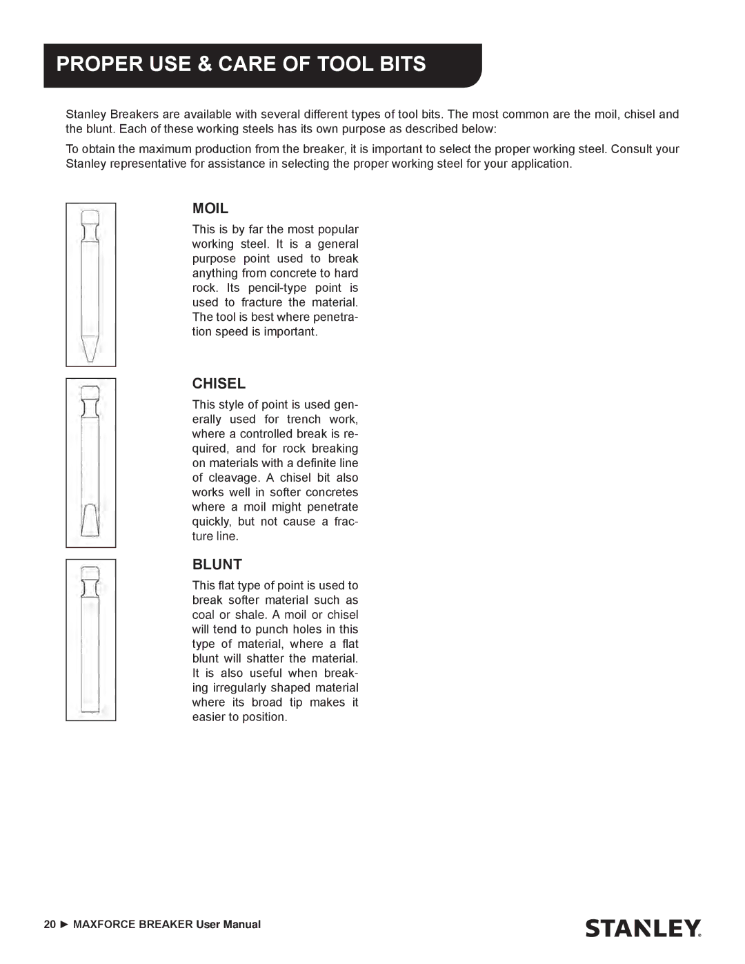 Stanley Black & Decker MBX138 thru MBX608 user manual Moil, Chisel, Blunt 