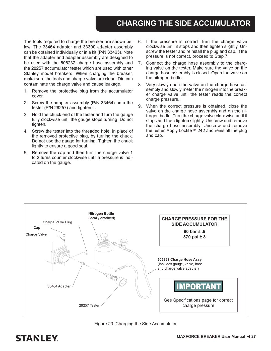 Stanley Black & Decker MBX138 thru MBX608 user manual Charging the Side Accumulator, Bar ± Psi ± 