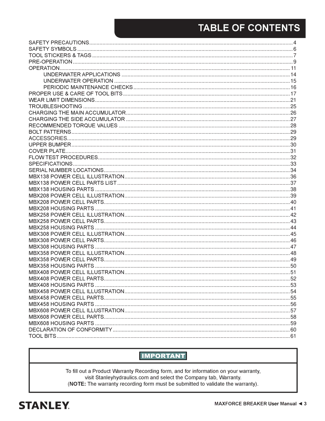 Stanley Black & Decker MBX138 thru MBX608 user manual Table of Contents 