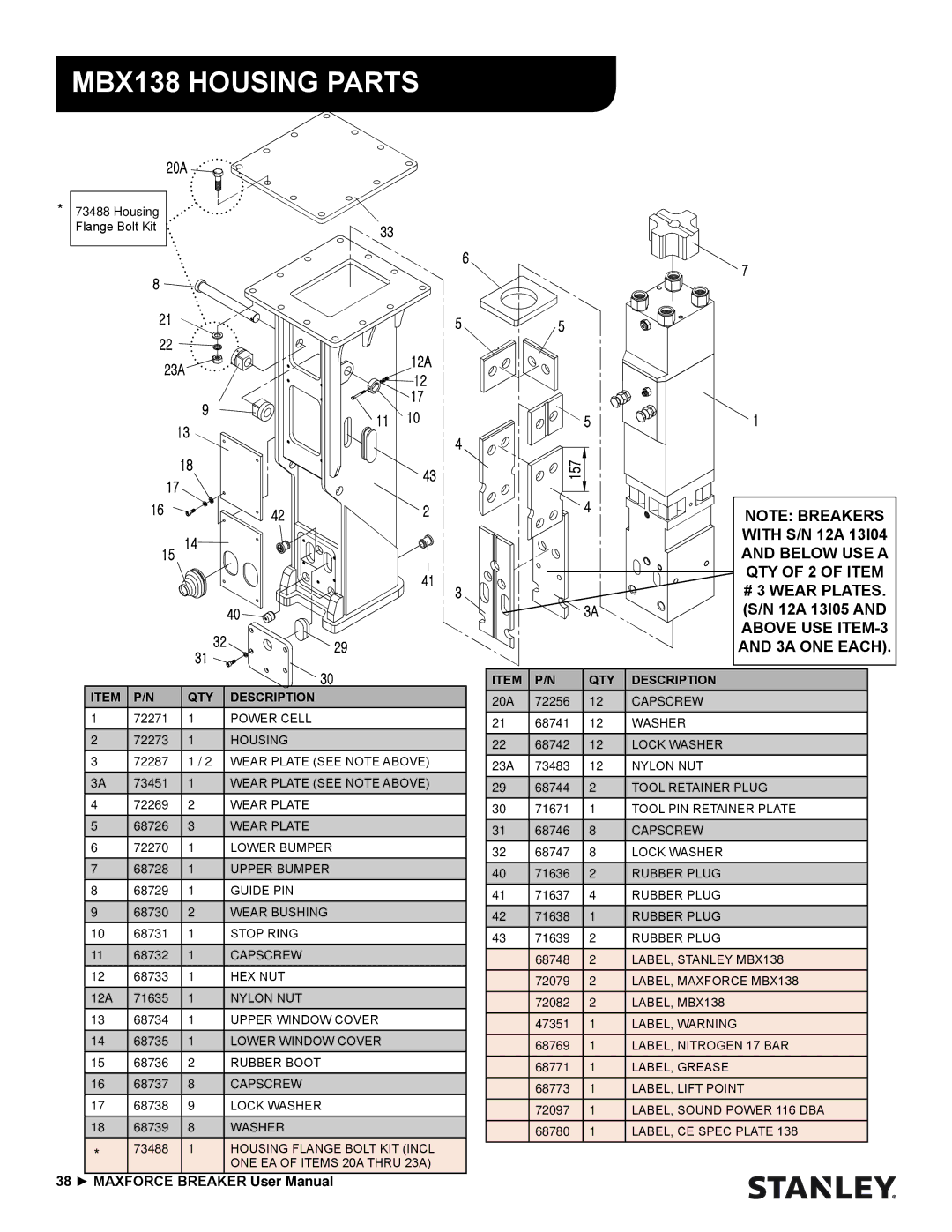 Stanley Black & Decker MBX138 thru MBX608 user manual MBX138 Housing Parts, With S/N 12A, 12A 13I05 