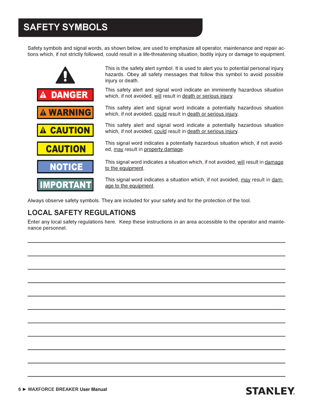 Stanley Black & Decker MBX138 thru MBX608 user manual Safety Symbols, Local Safety Regulations 