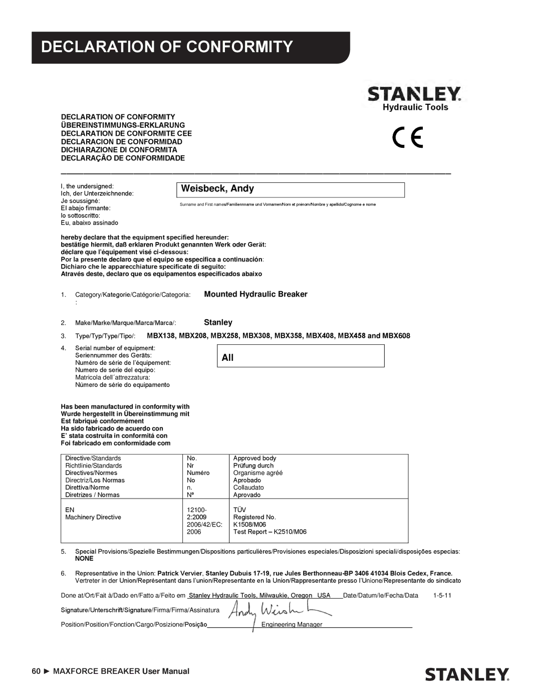 Stanley Black & Decker MBX138 thru MBX608 user manual Declaration of Conformity, Hydraulic Tools 