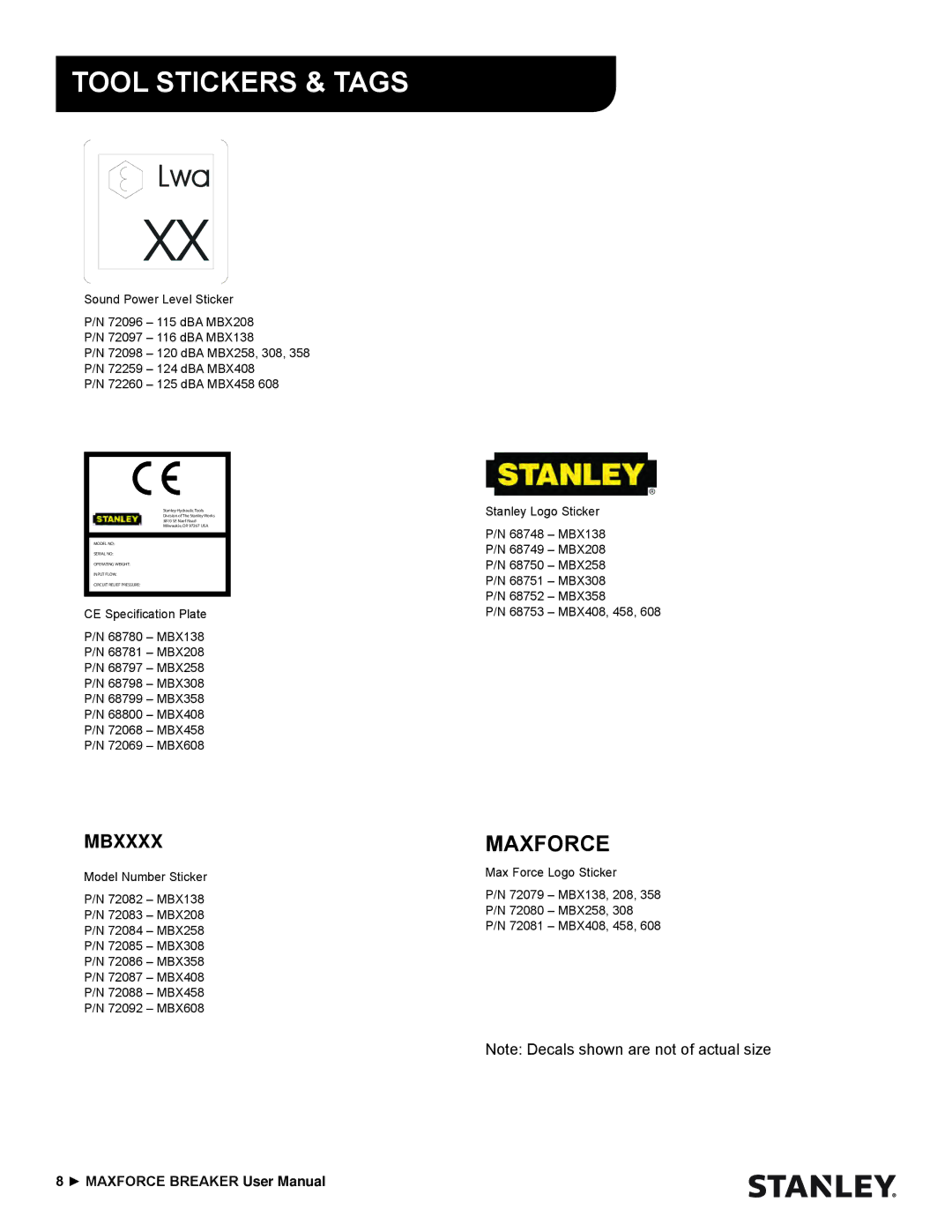 Stanley Black & Decker MBX138 thru MBX608 user manual Maxforce, Mbxxxx 