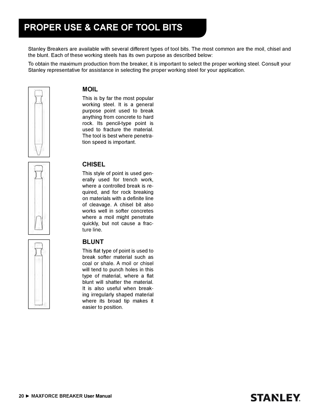Stanley Black & Decker MBX138 thru MBX608 user manual Moil, Chisel, Blunt, Proper Use & Care Of Tool Bits 