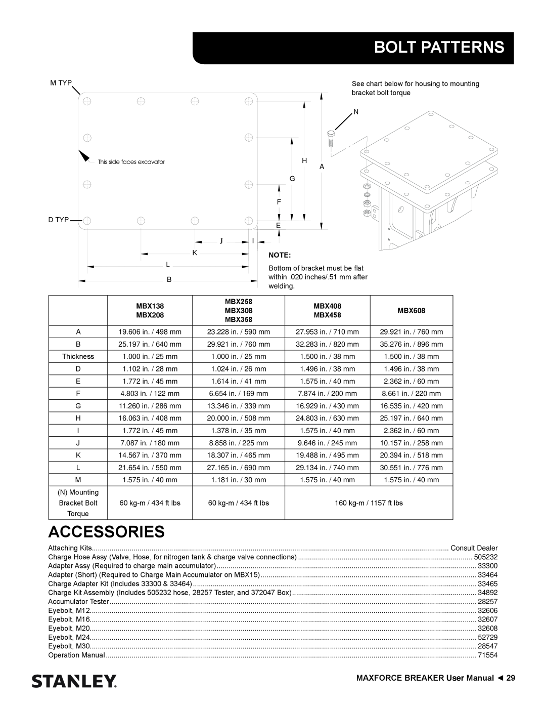 Stanley Black & Decker MBX138 thru MBX608 user manual Bolt Patterns, Accessories, MBX258, MBX308, MBX358 