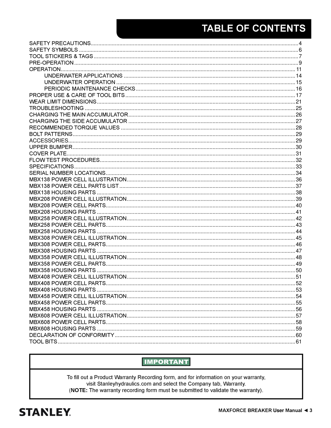 Stanley Black & Decker MBX138 thru MBX608 user manual Table Of Contents 