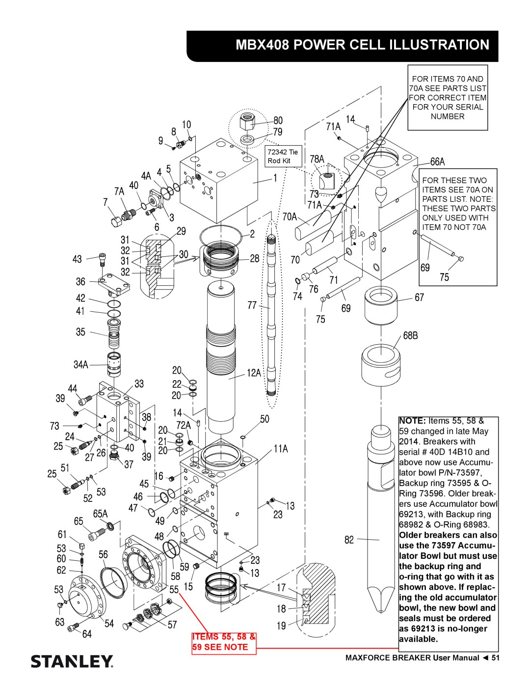 Stanley Black & Decker MBX138 thru MBX608 user manual MBX408 POWER CELL ILLUSTRATION, ITEMS 55, 58 & 59 SEE NOTE 