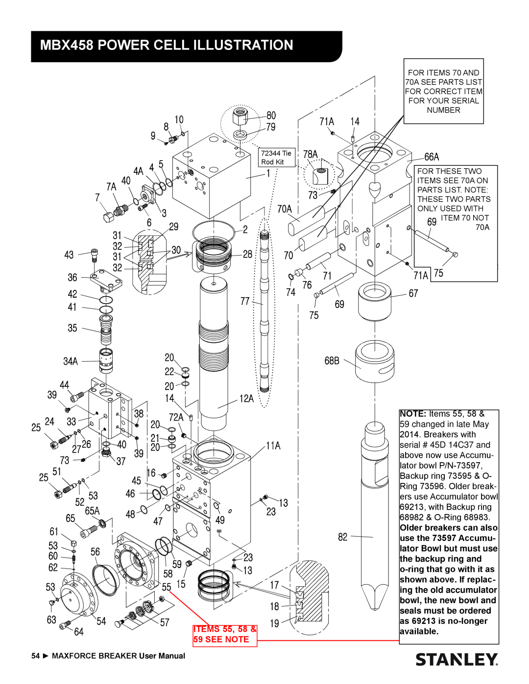 Stanley Black & Decker MBX138 thru MBX608 user manual MBX458 POWER CELL ILLUSTRATION, ITEMS 55, 58 & 59 SEE NOTE 