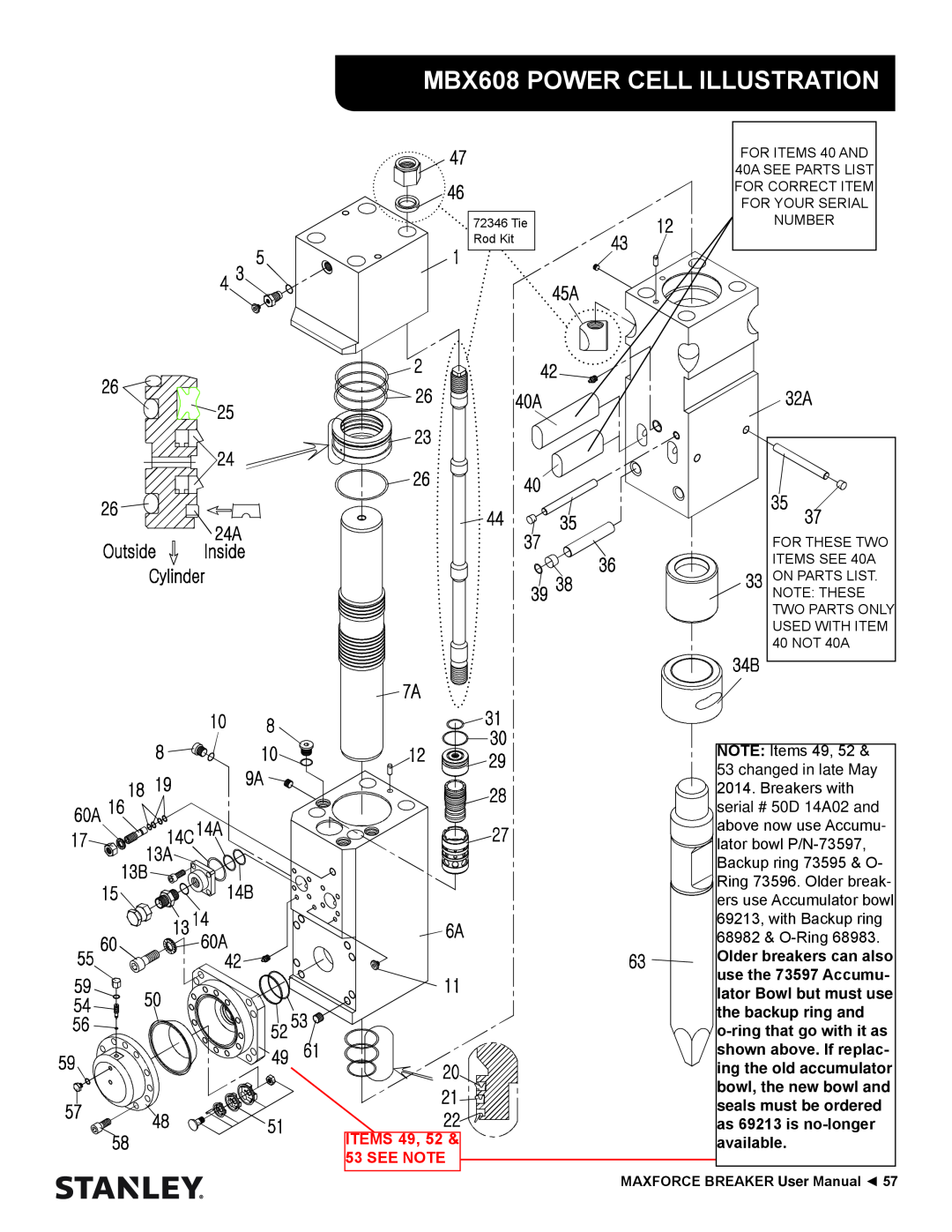 Stanley Black & Decker MBX138 thru MBX608 user manual MBX608 POWER CELL ILLUSTRATION, ITEMS 49, 52 & 53 SEE NOTE 