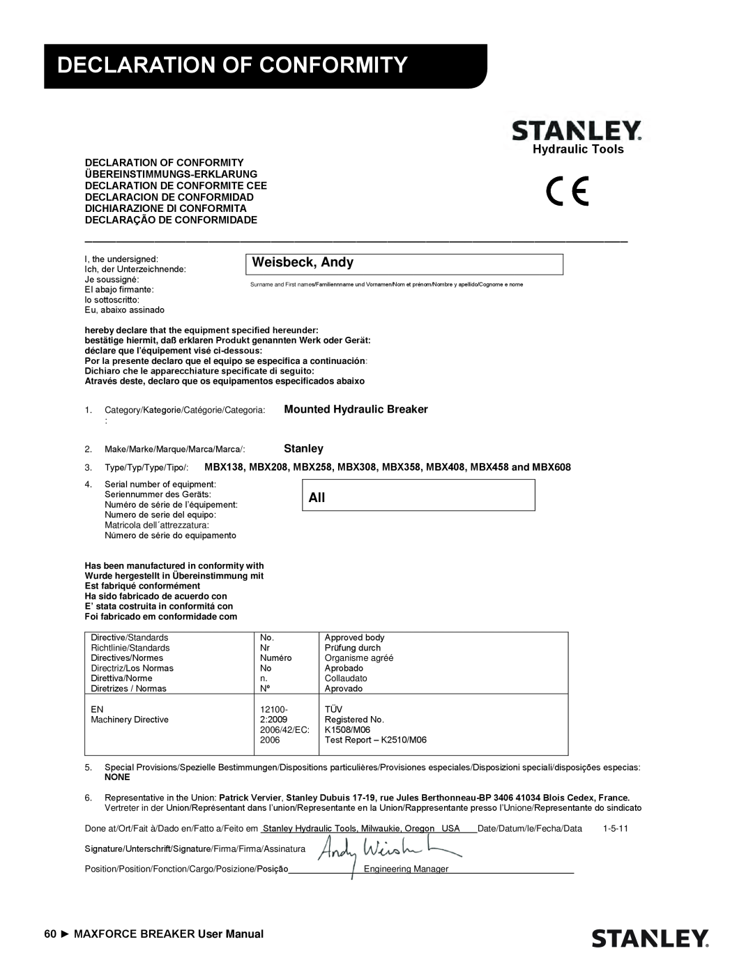 Stanley Black & Decker MBX138 thru MBX608 user manual Declaration Of Conformity, Weisbeck, Andy, Hydraulic Tools 
