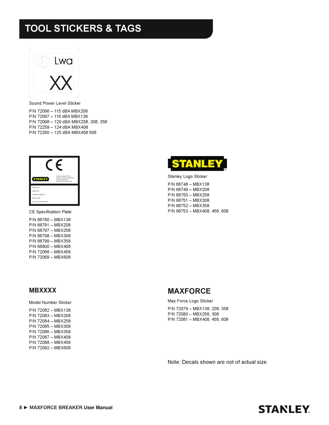 Stanley Black & Decker MBX138 thru MBX608 user manual Maxforce, Mbxxxx, Tool Stickers & Tags 