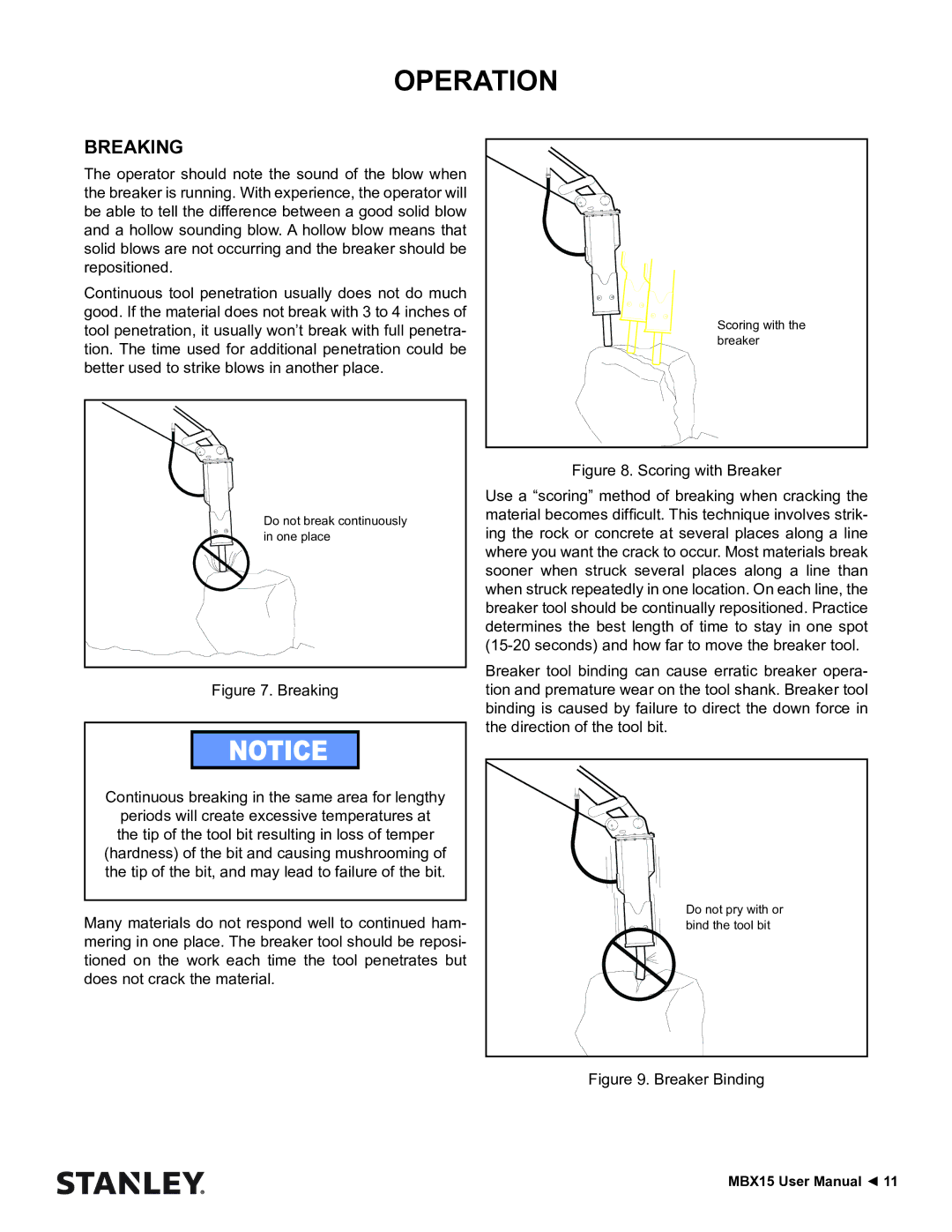 Stanley Black & Decker MBX15 user manual Breaking, Breaker Binding 