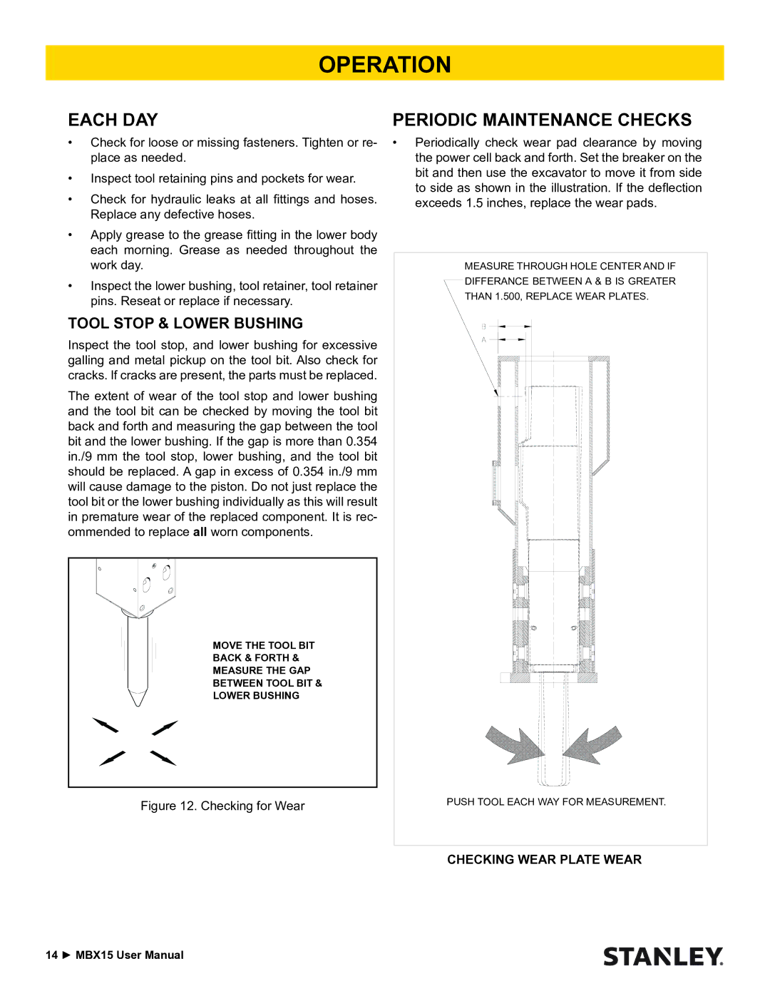 Stanley Black & Decker MBX15 user manual Each DAY, Periodic Maintenance Checks, Tool Stop & Lower Bushing 