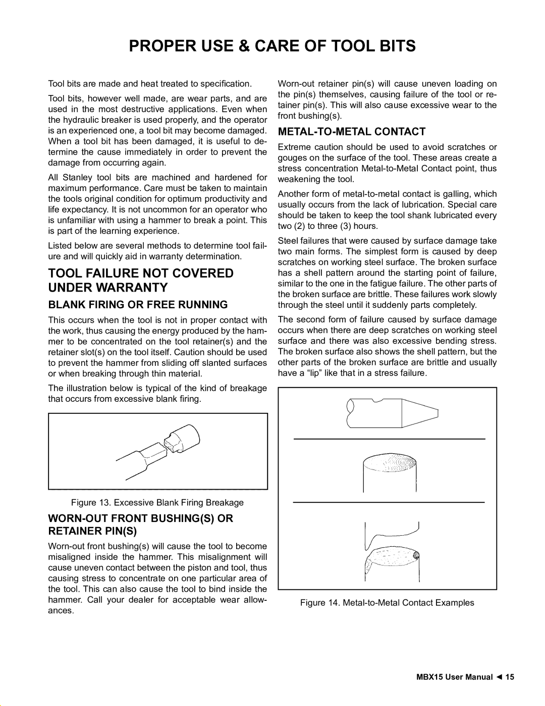 Stanley Black & Decker MBX15 user manual Proper USE & Care of Tool Bits, Tool Failure not Covered Under Warranty 