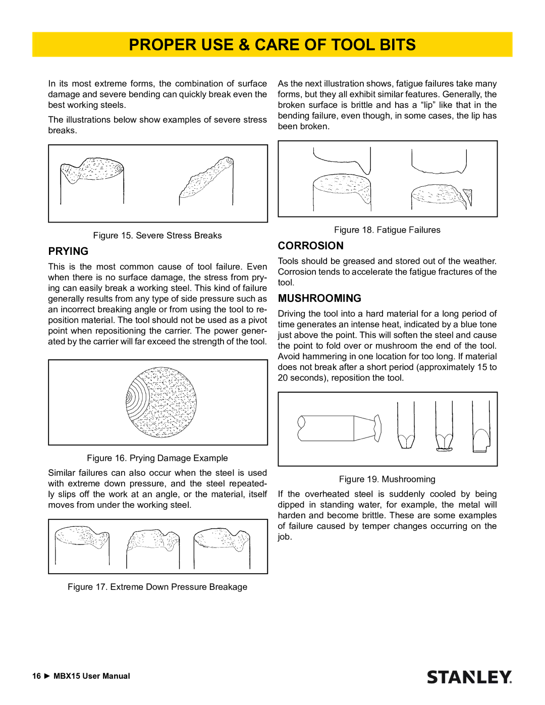 Stanley Black & Decker MBX15 user manual Prying, Corrosion 