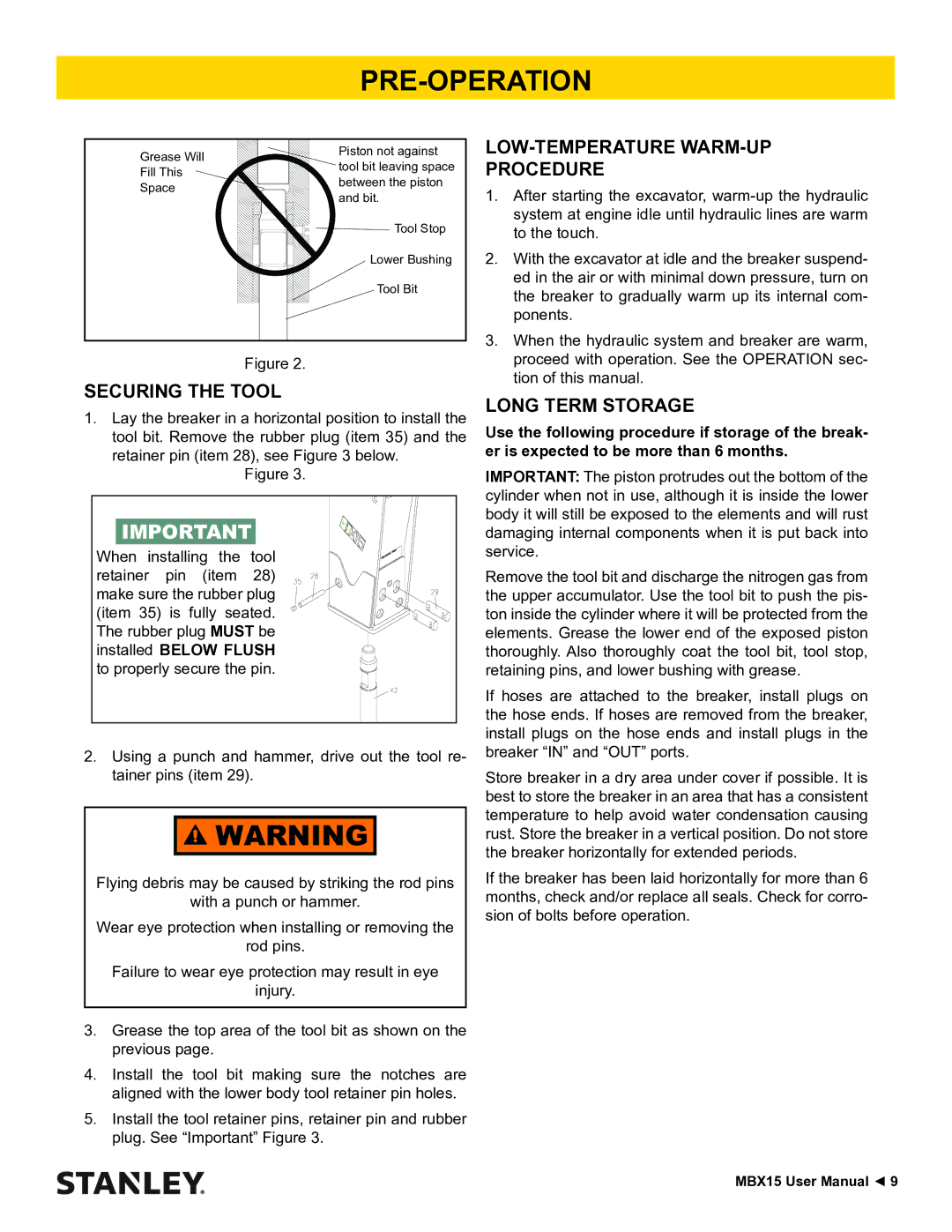 Stanley Black & Decker MBX15 user manual LOW-TEMPERATURE WARM-UP Procedure, Securing the Tool, Long Term Storage 