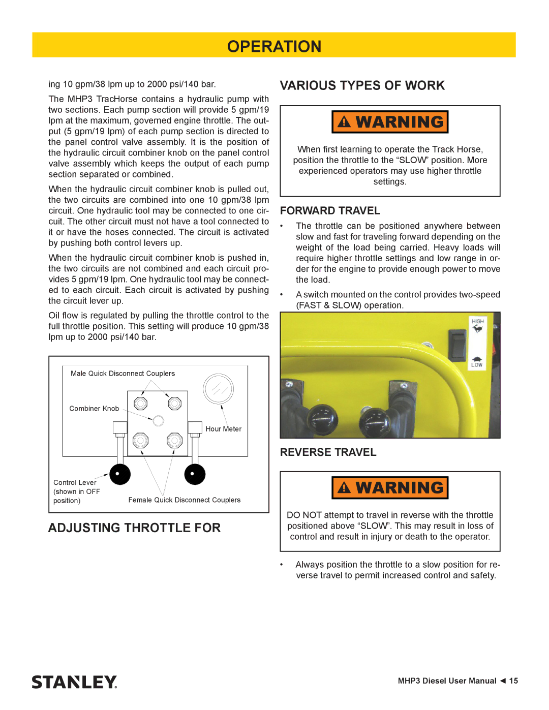 Stanley Black & Decker MHP3 manual Adjusting Throttle for Various Types of Work, Forward Travel, Reverse Travel 