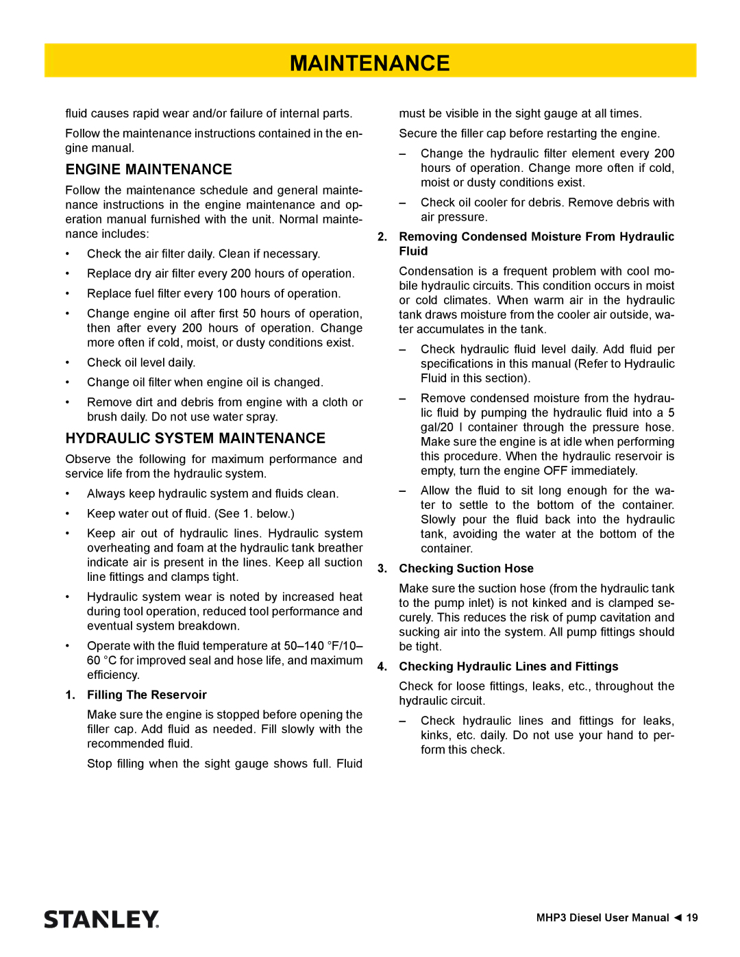 Stanley Black & Decker MHP3 manual Engine Maintenance, Hydraulic System Maintenance 