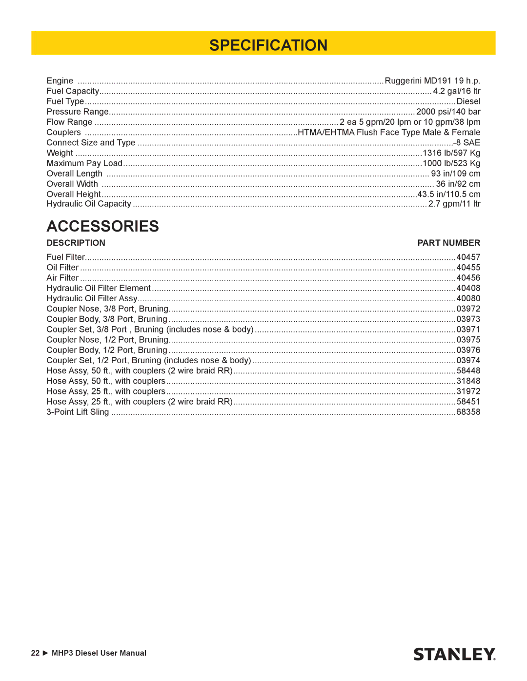 Stanley Black & Decker MHP3 manual Specification, Accessories 