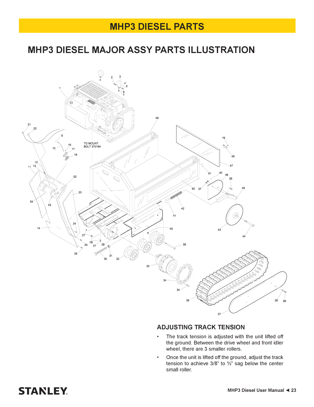 Stanley Black & Decker manual MHP3 Diesel Parts MHP3 Diesel Major Assy Parts Illustration, Adjusting Track Tension 