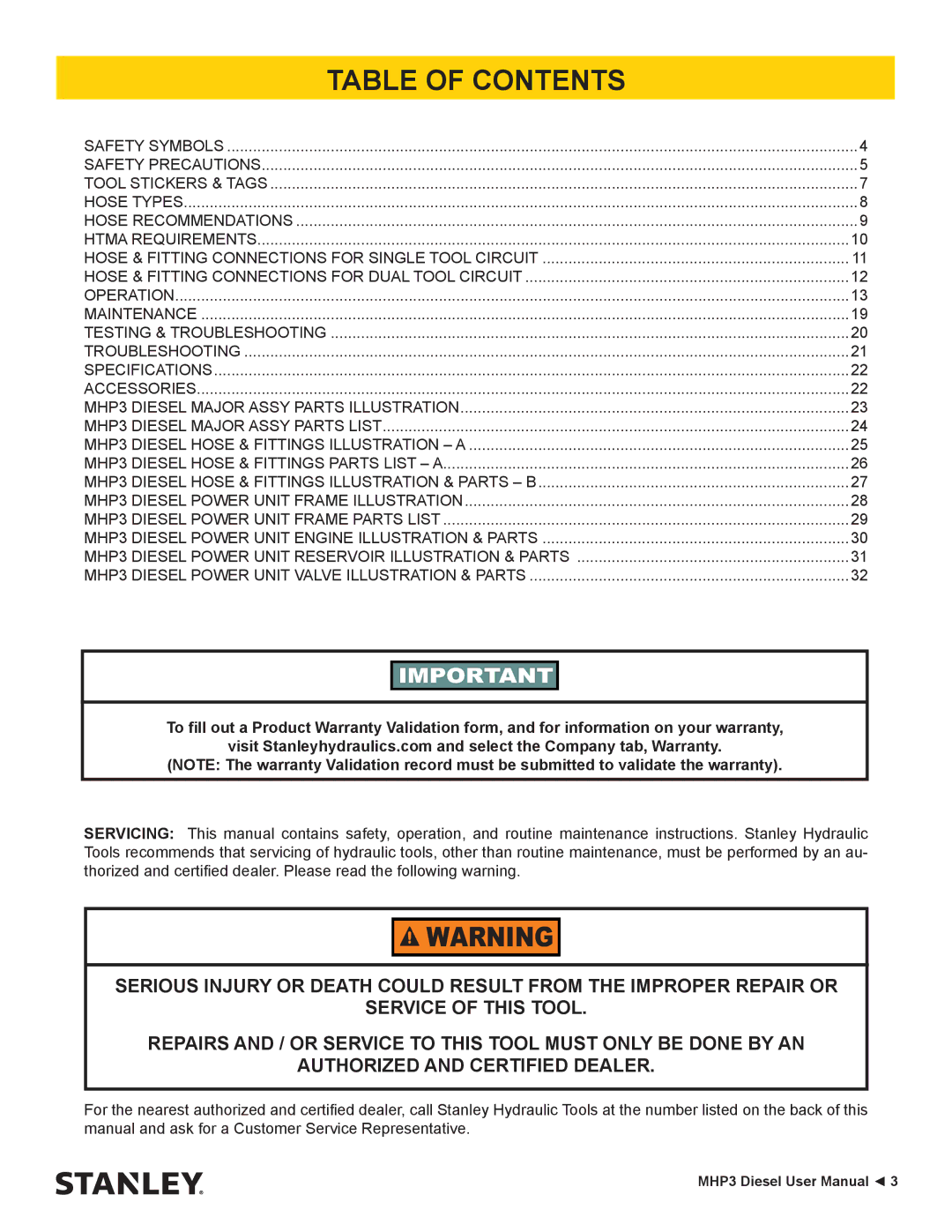 Stanley Black & Decker MHP3 manual Table of Contents 